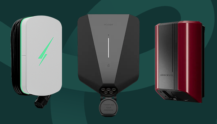 Three popular home EV chargers - Hypervolt Home 3 Pro in white, Easee One in black, and Andersen Quartz in red - displayed against a dark green background.